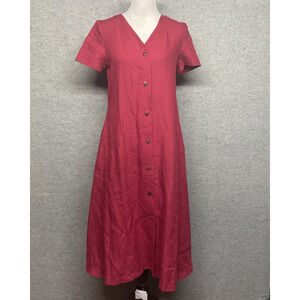Linen Handmade Studio Womens S/M Maxi Button Down Maroon Dress V-neck Minimalist